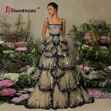 Saashi Sequin Tiered Ruffle A-Line Dress – Luxury Dubai Style Formal Prom and Wedding Gown