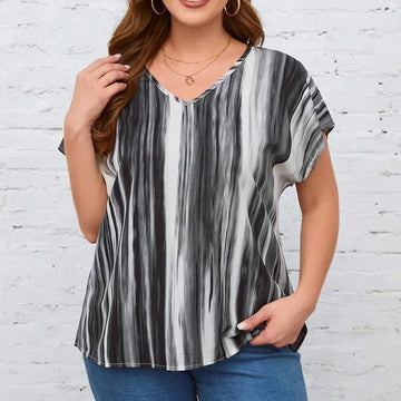 Saashi Plus Size Striped V-Neck Batwing Sleeve Shirt for Women Short Sleeve Easy Care Top