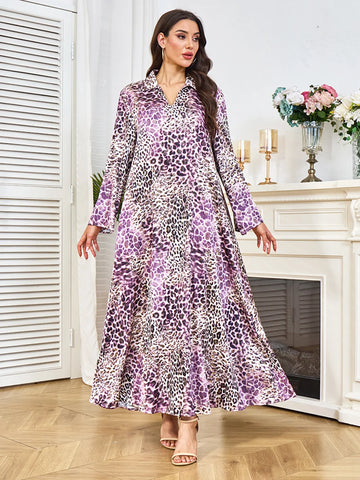 Saashi Eid Party Abaya Dress for Women Muslim Long Sleeve Leopard Print Kaftan Robe