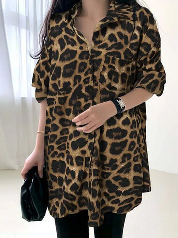 Saashi Bohemian Leopard Print Tunic Shirt for Women Casual Loose Fit Long Sleeve Blouse