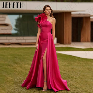 Saashi One Shoulder Satin Mermaid Dress – Fuchsia Formal Gown with Split and Detachable Train for Women