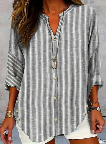 Saashi Plus Size Women’s V-Neck Striped Long Sleeve Button Shirt Casual Classic Fit Workwear