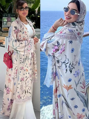 Saashi Luxury Floral Print Dubai Abaya Kimono Cardigan for Muslim Women Long Kaftan Dress