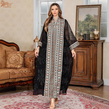 Saashi Elegant Embroidered Muslim Dress with Mesh Sleeves V-Neck Abaya Evening Party Gown