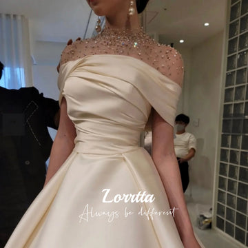 Saashi High Neck Satin A-Line Evening Dress for Women Elegant Prom Wedding Ball Gown