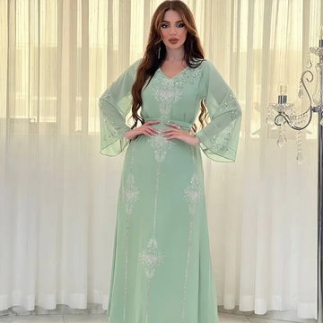 Saashi Elegant Lace-Up Abaya Dress with Diamonds for Muslim Women Party Wear Jalabiya Robe