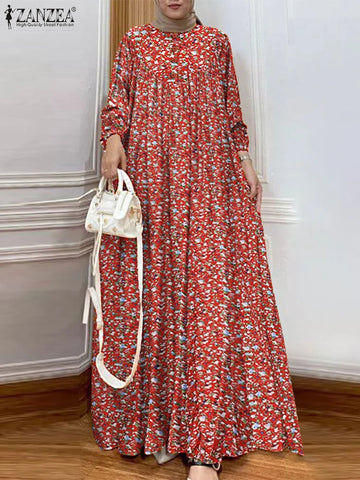Saashi Autumn Printed Muslim Abaya Dress for Women Long Sleeve Casual Kaftan Dubai Sundress