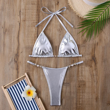Saashi Solid Halter Micro Bikini Set - Brazilian Thong Swimsuit