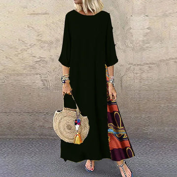 Saashi Vintage Print Maxi Dress – Elegant Black Red O-Neck Casual Streetwear for Women