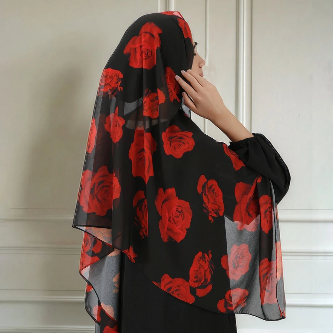 Saashi Rose Printed Chiffon Hijab Scarf for Muslim Women Floral Headscarf Premium Fashion Wrap