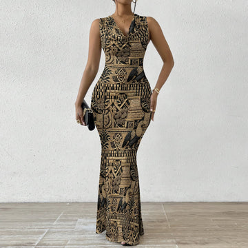 Saashi Tribal Print Bodycon Maxi Dress – Sleeveless V-Neck Elegant Casual or Evening Wear for Women