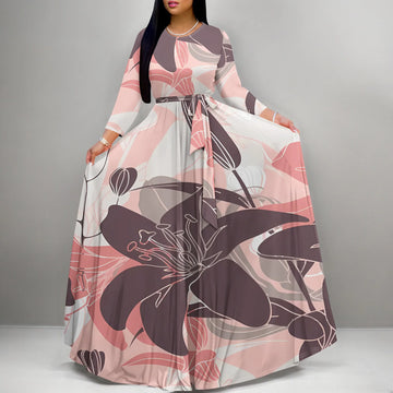 Saashi Vintage Floral Print Maxi Dress – Elegant Long Sleeve Belted Gown for Women