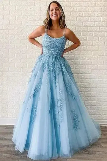 Saashi Tulle Spaghetti Strap Prom Dress – Long Lace Applique Ball Gown for Women