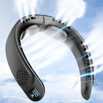 Saashi New Quad-Core USB Neck Fan with Turbine Vaneless Design, Digital Display, and 4000mAh Battery.