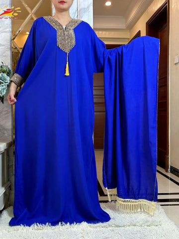 Saashi Cotton Maxi Muslim Dress for Women with Long Sleeves and Big Scarf Abaya Style