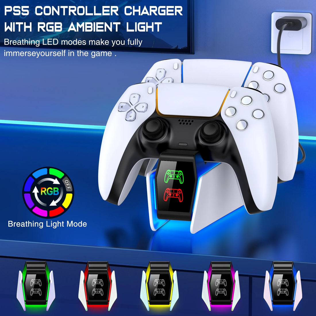 Saashi PS5 Dual Fast Charger for Wireless Controller with LED Indicator.