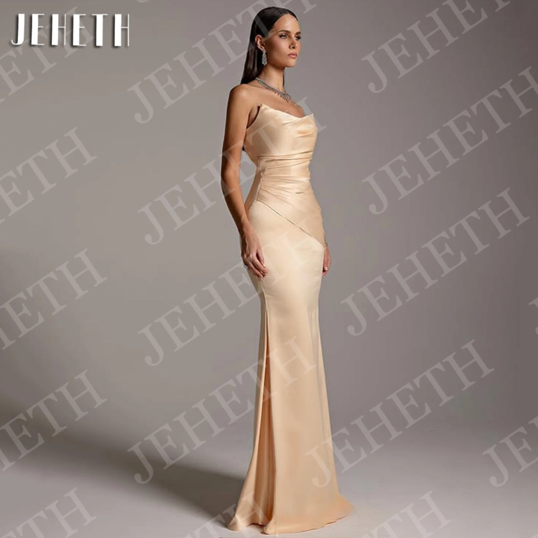 Saashi Satin Mermaid Evening Dress for Women Elegant Strapless Ruched Champagne Prom Gown