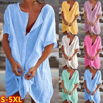 Saashi Cotton Linen Summer Beach Dress for Women Loose Midi Tunic Cover-Up S-5XL