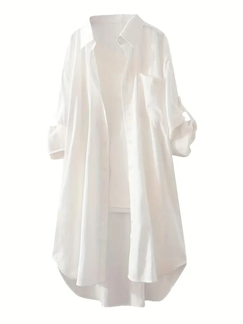 Saashi Plus Size Solid Button Up Blouse for Women with Roll-Up Sleeves and Stretch Fit