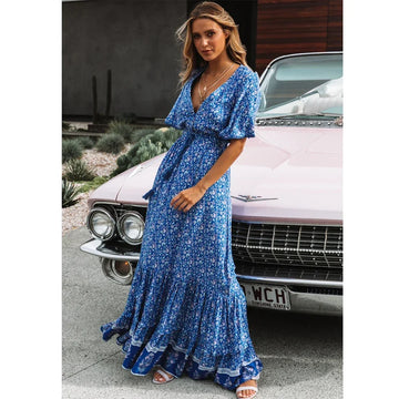 Saashi Blue Floral Boho Maxi Dress – Cotton Rayon Deep V-Neck Loose Hippie Style for Women