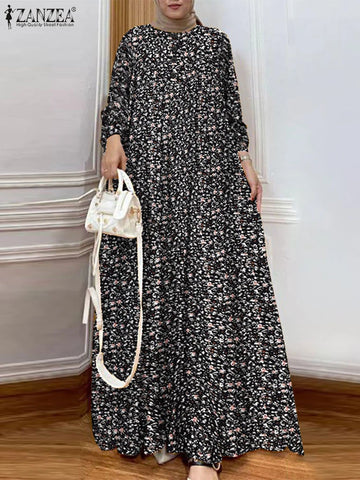 Saashi Vintage Printed Muslim Abaya Dress for Women Long Sleeve Hijab Sundress Ramadan Wear