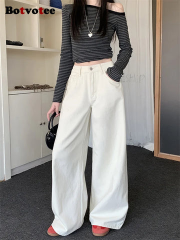 Saashi Milk White Baggy High Waisted Jeans for Women Y2K Loose Fit Denim Pants