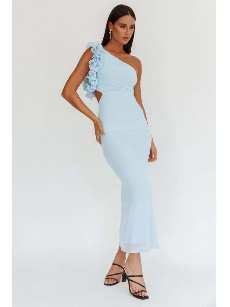 Saashi Slant Shoulder Floral Bodycon Dress – Backless Slim Evening Party Wear for Women