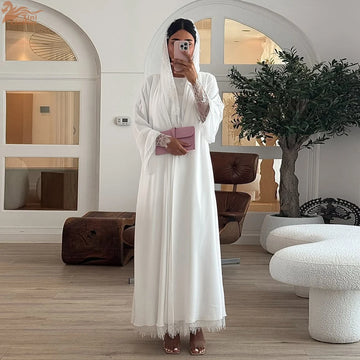 Saashi Solid White Open Abaya with Hijab Scarf for Muslim Women Elegant Moroccan Kaftan Style