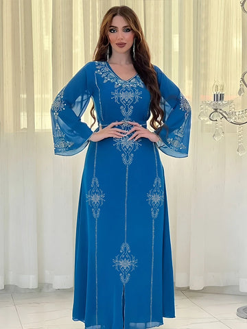 Saashi Eid Muslim Abaya Party Dress for Women with Diamond Lace-Up Jalabiya Robe