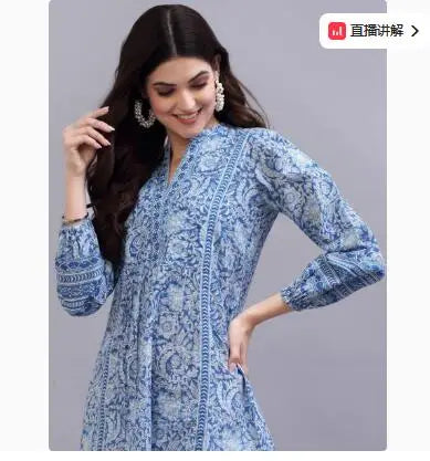 Saashi Printed V-Neck Cotton Top Traditional Pakistani/Indian Ethnic Wear for Women