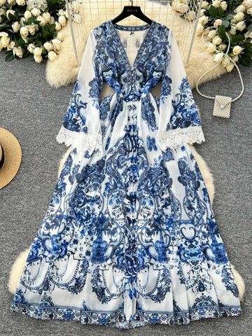 Saashi Blue White Floral Maxi Dress – Lace Sleeve Porcelain Print Elegant Party Wear for Women