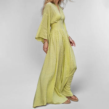 Saashi Elegant Folded V-Neck Maxi Dress – Long Sleeve Vacation Style Party Wear for Women