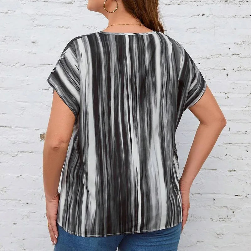 Saashi Plus Size Striped V-Neck Batwing Sleeve Shirt for Women Short Sleeve Easy Care Top