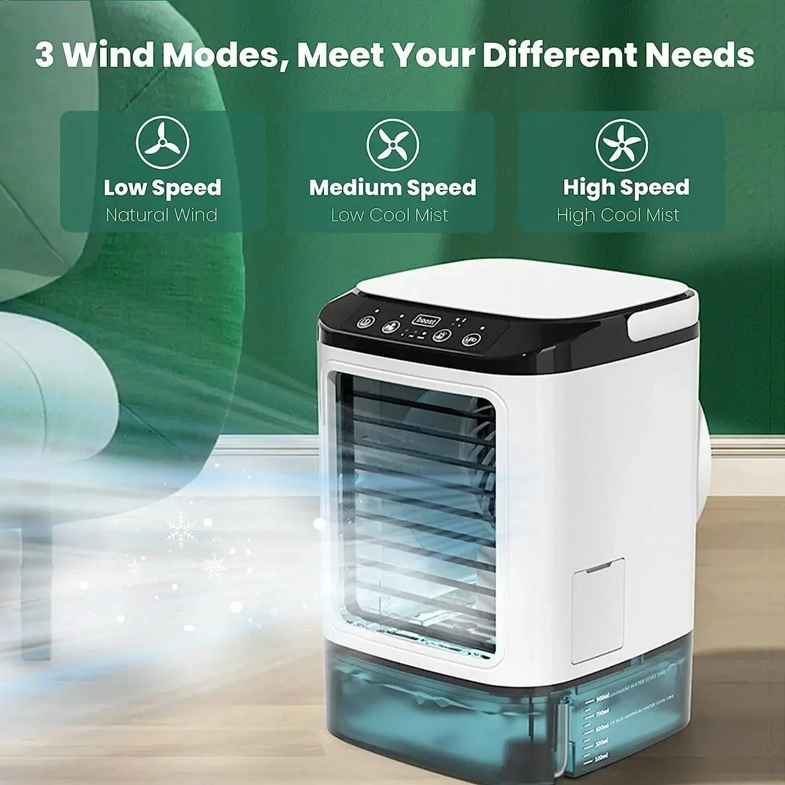Saashi Portable Air Conditioner Fan with Dual Spray, 3-Speed Mute Air Cooler, and Night Light.