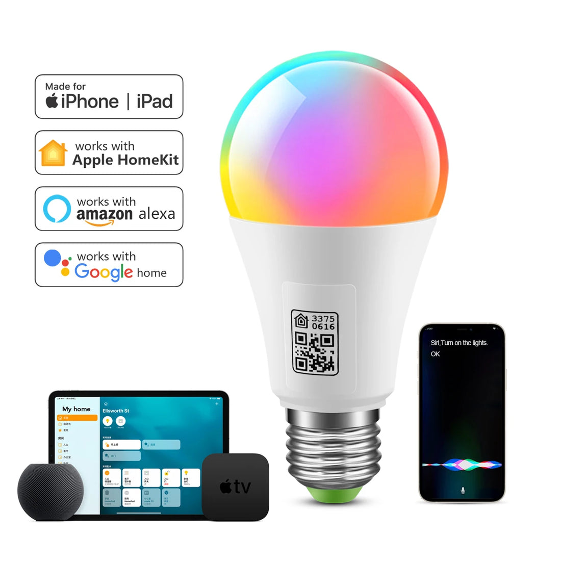 Saashi MFI-Certified Homekit LED Smart Light Bulb for Alexa, Google Home & Siri Control.