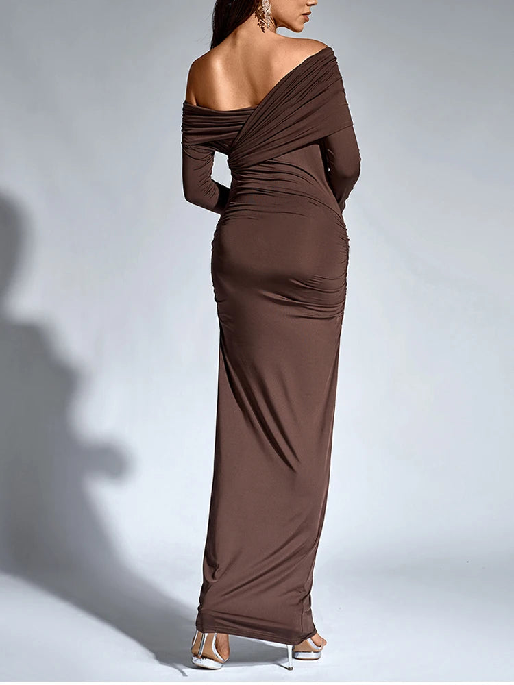 Saashi One Shoulder Ruched Bodycon Maxi Dress – Asymmetric Long Sleeve Fashion Party Wear for Women