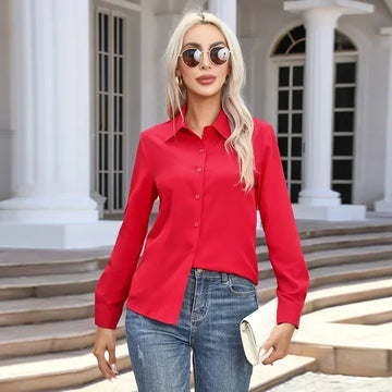 Saashi Plus Size Red Button-Up Shirt for Women Slim Fit Long Sleeve Office Blouse