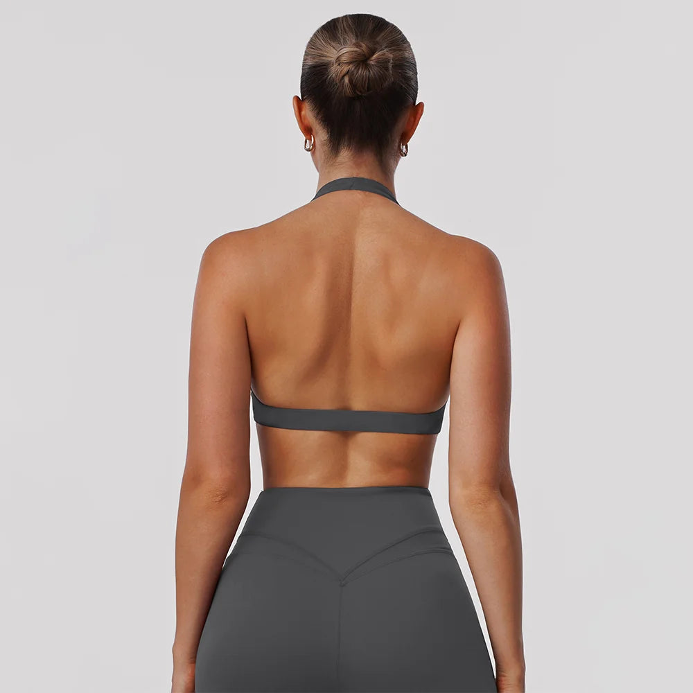 Saashi Halter Backless Sports Bra V Neck Padded Gym Top
