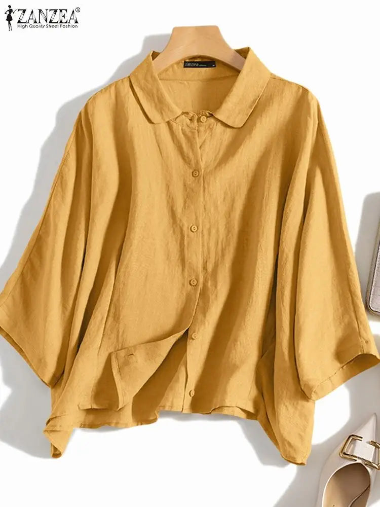 Saashi Summer Lapel Neck Tunic Shirt for Women Casual Loose Fit Workwear Blouse 3/4 Sleeve