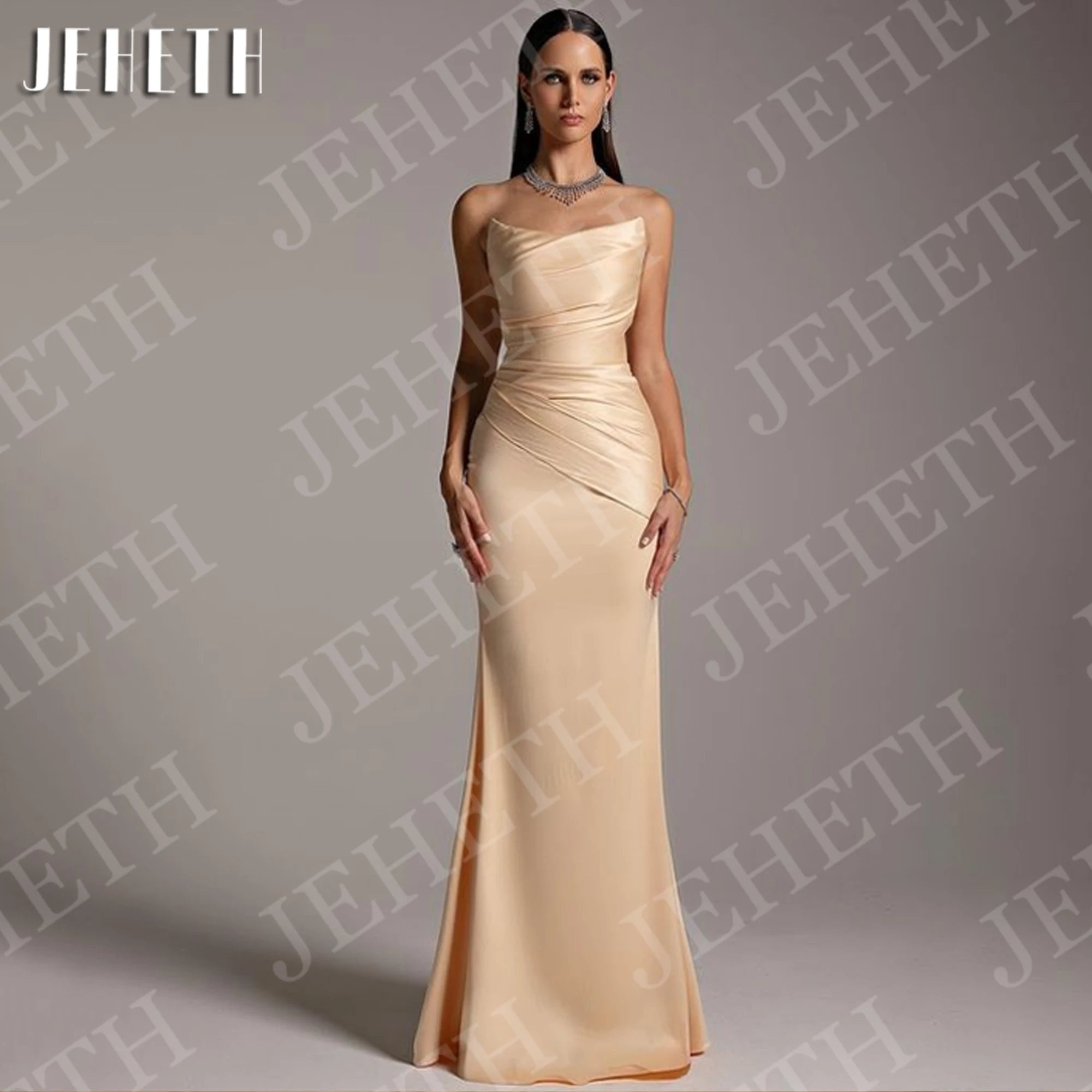 Saashi Satin Mermaid Evening Dress for Women Elegant Strapless Ruched Champagne Prom Gown