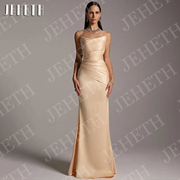 Saashi Satin Mermaid Evening Dress for Women Elegant Strapless Ruched Champagne Prom Gown