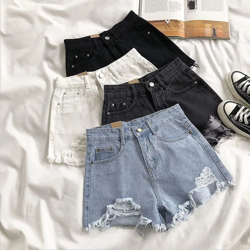 Saashi High Waist Ripped Denim Shorts for Women – Summer Casual Y2K Streetwear Blue Jeans