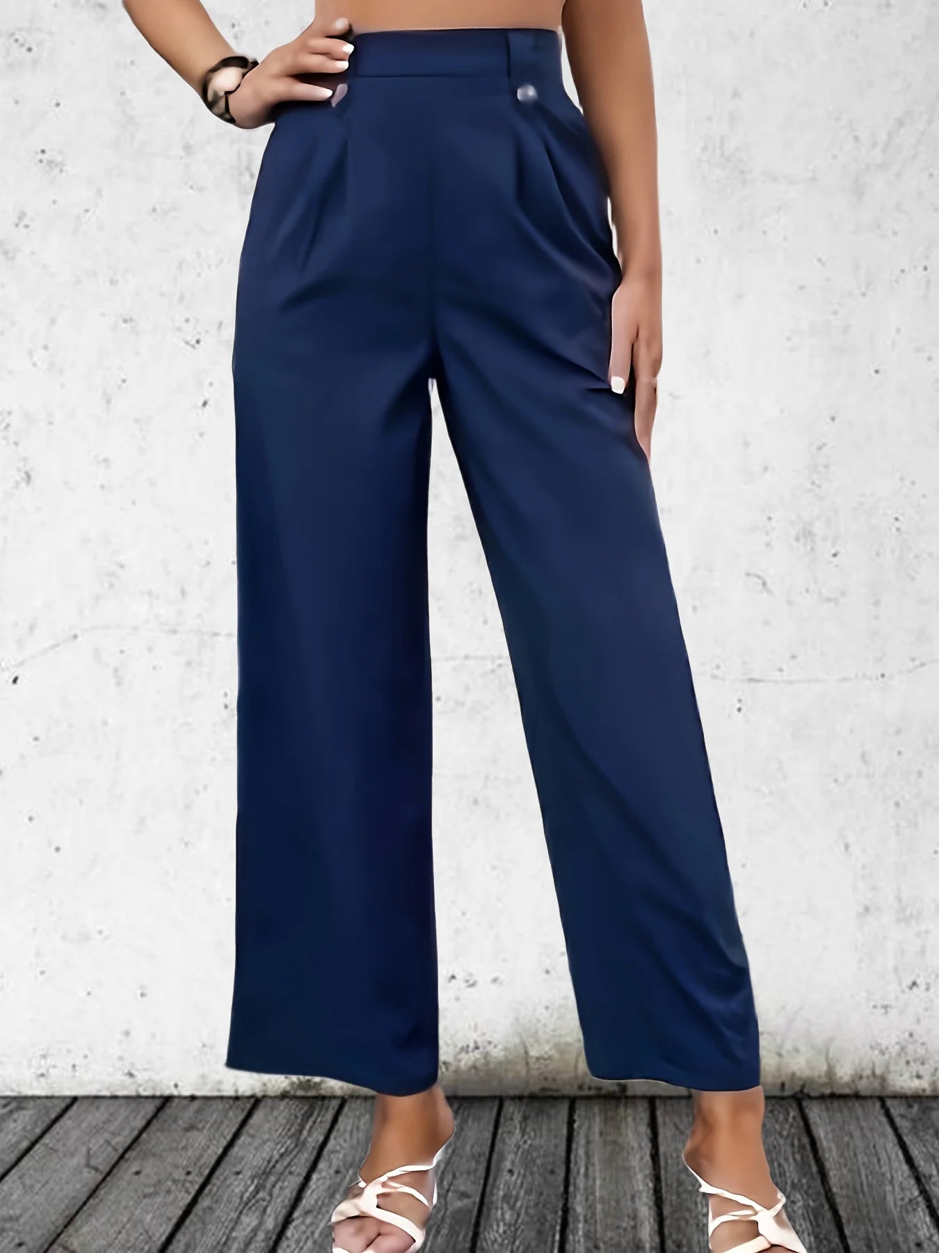 Saashi Plus Size High Waist Straight Leg Pants for Women with Button Detail and Solid Color
