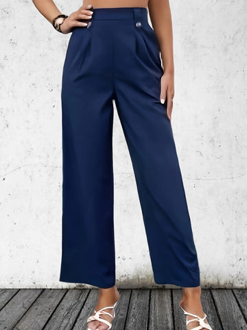 Saashi Plus Size High Waist Straight Leg Pants for Women with Button Detail and Solid Color