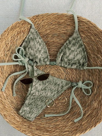 Saashi Mint Green Textured Halter Triangle Tie Side Bikini Set Two Piece Swimsuit.
