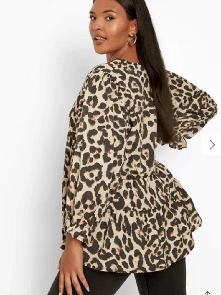 Saashi Plus Size Leopard Print V-Neck Blouse for Women with Ruffle Hem and Lantern Sleeves