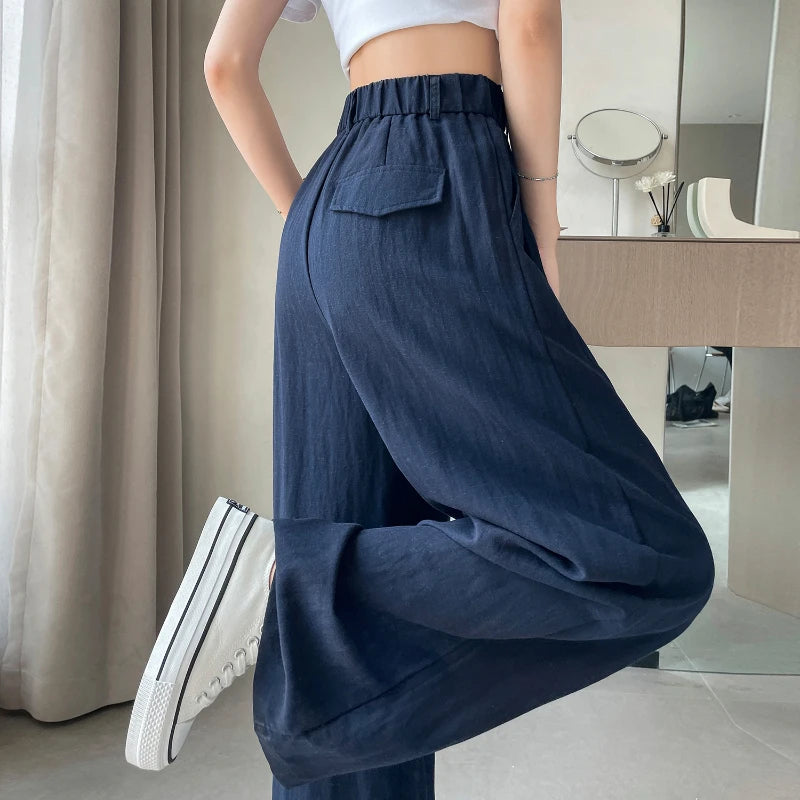 Saashi Cotton Linen Wide Leg Pants for Women High Waist Straight Loose Fit Trousers