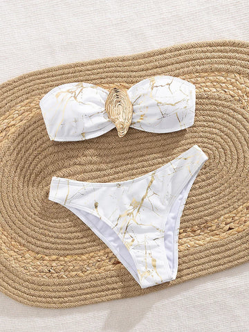 Saashi Women's Seashell Bandeau Bikini Set with Thong Bottoms