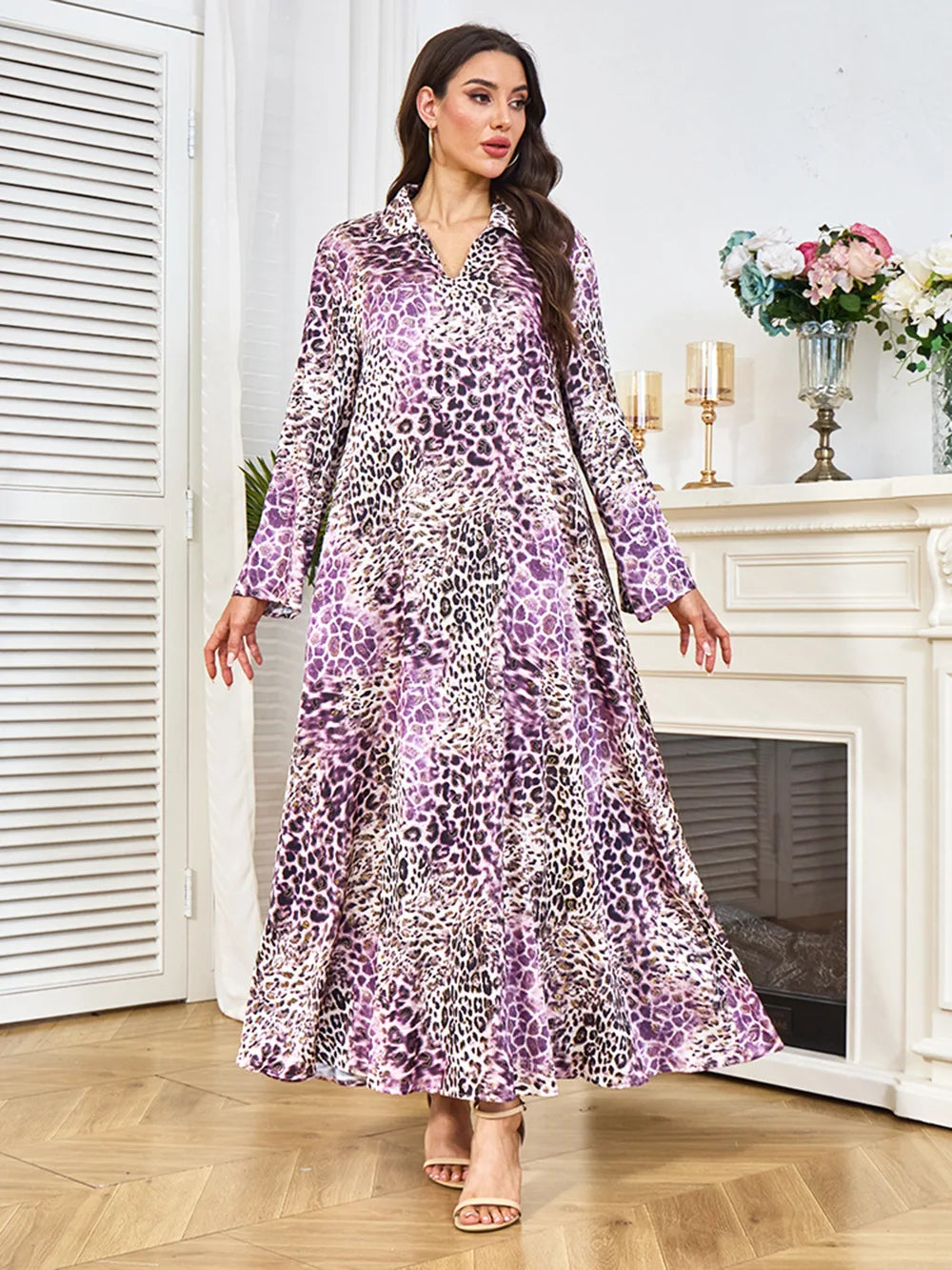 Saashi Eid Party Abaya Dress for Women Muslim Long Sleeve Leopard Print Kaftan Robe