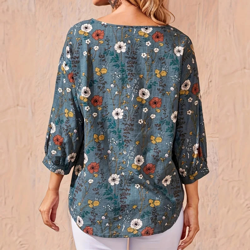 Saashi Plus Size Floral Print Round Neck Lantern Sleeve Loose Fit Women's Casual Office Top